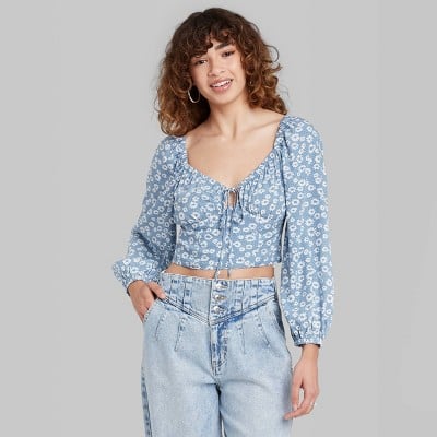 Wild Fable Women's Puff Long Sleeve Sweetheart Milkmaid Cropped Top