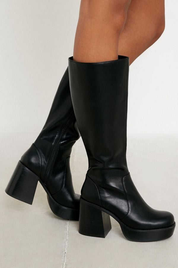 gold platform knee high boots