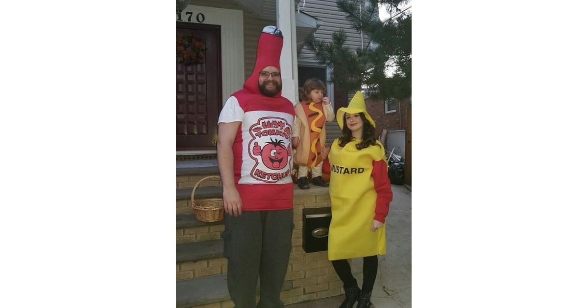 Family of 3 Halloween Costumes Hot Dog, Ketchup, and Mustard The