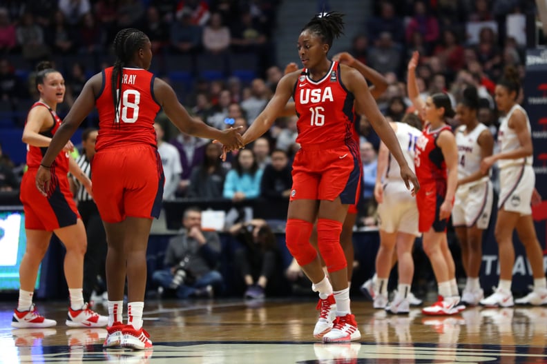 HARTFORD, CONNECTICUT - JANUARY 27: Nneka Ogwumike #16 and Chelsea Gray #18 of the United States celebrate during USA Women's National Team Winter Tour 2020 game between the United States and the UConn Huskies at The XL Center on January 27, 2020 in Hartf