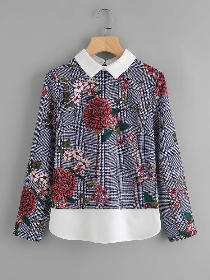 Shein Contrast Collar And Hem Floral Plaid Top | These 11 Pretty Spring Tops  Look Designer, but They're All Under $20 | POPSUGAR Fashion Photo 4