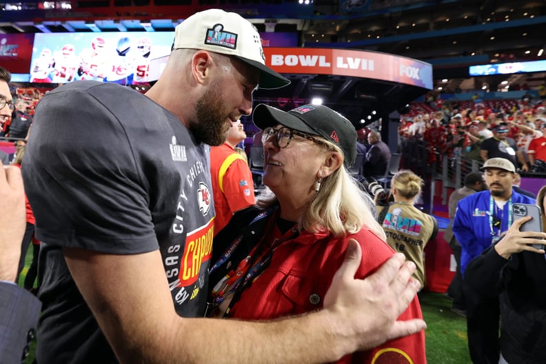 GLENDALE, ARIZONA - FEBRUARY 12: Travis Kelce #87 of the Kansas City Chiefs celebrates with Donna Kelce after defeating the Philadelphia Eagles 38-35 in Super Bowl LVII at State Farm Stadium on February 12, 2023 in Glendale, Arizona. (Photo by Christian P