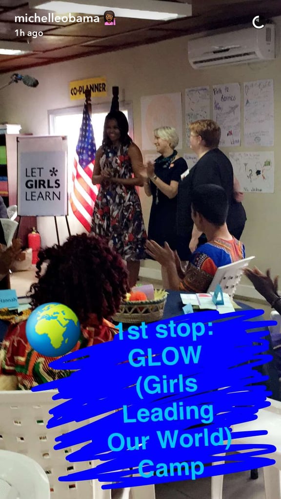Michelle Obama posted a Snapchat from the GLOW camp in Monrovia, Liberia, on Monday.