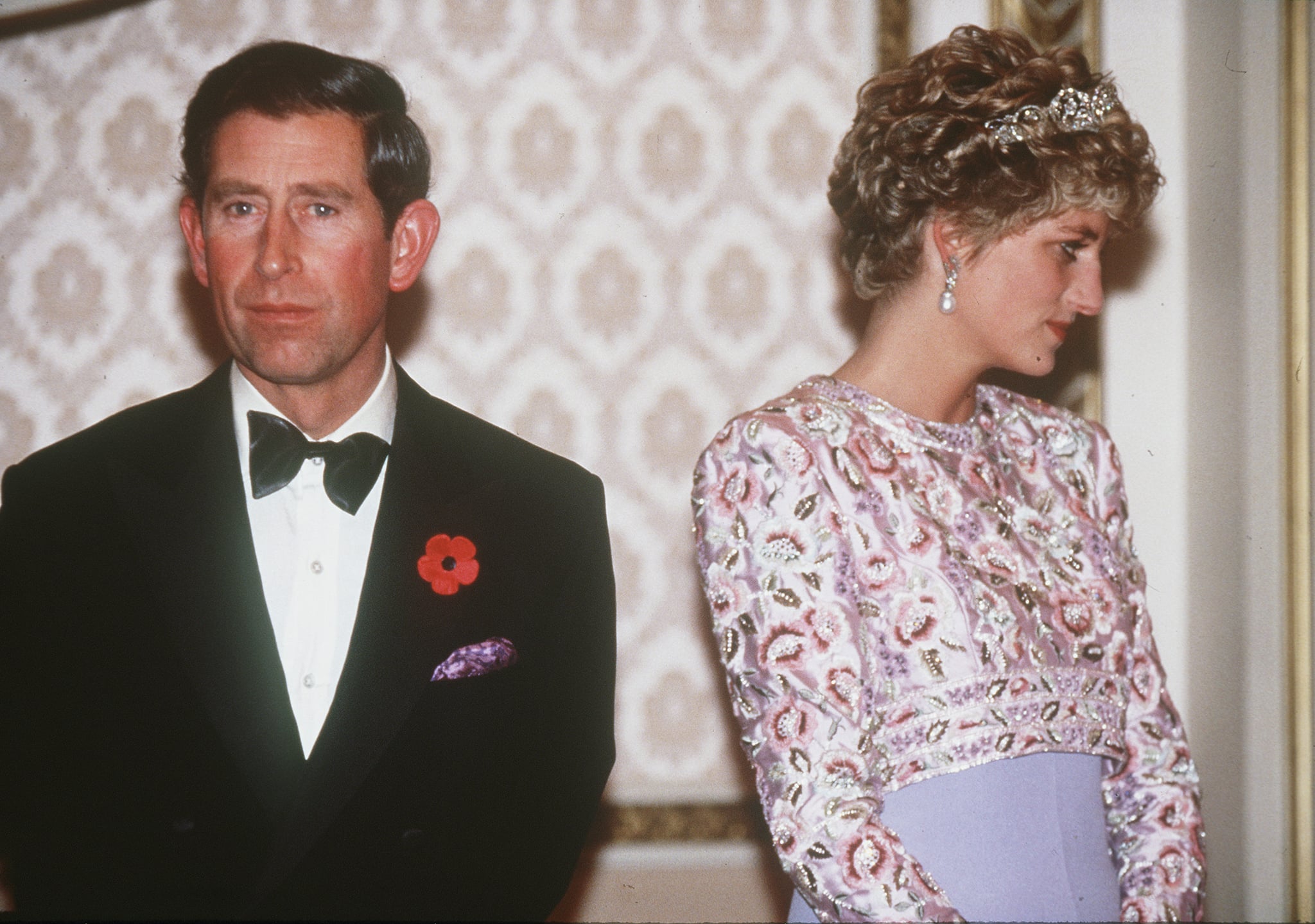 SOUTH KOREA - 1992:  Prince Charles, Prince of Wales and Princess Diana, Princess of Wales, are at loggerheads during their tour of South Korea in 1992.  Diana is wearing a mauve sheaf dress by Catherine Walker with a bolero of embroidered pastel flowers.  (Photo by Anwar Hussein/WireImage)