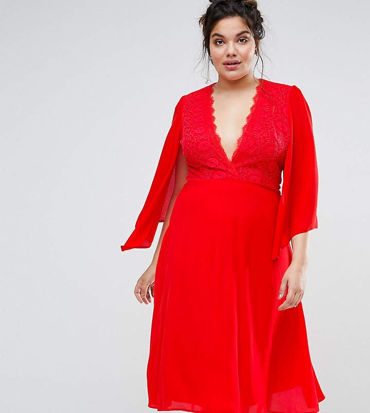 John Zack Plus Lace Midi Dress With Cape Detail | Sexy Red Dresses For ...