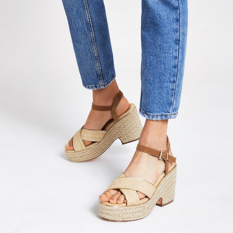 River Island Beige Cross Strap Wide Fit Espadrille Wedges