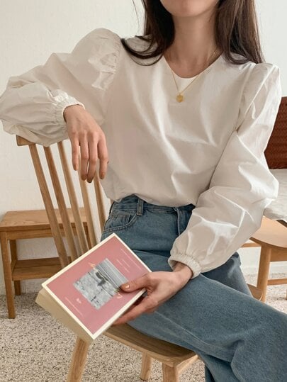 Romwe Solid Puff Sleeve Blouse