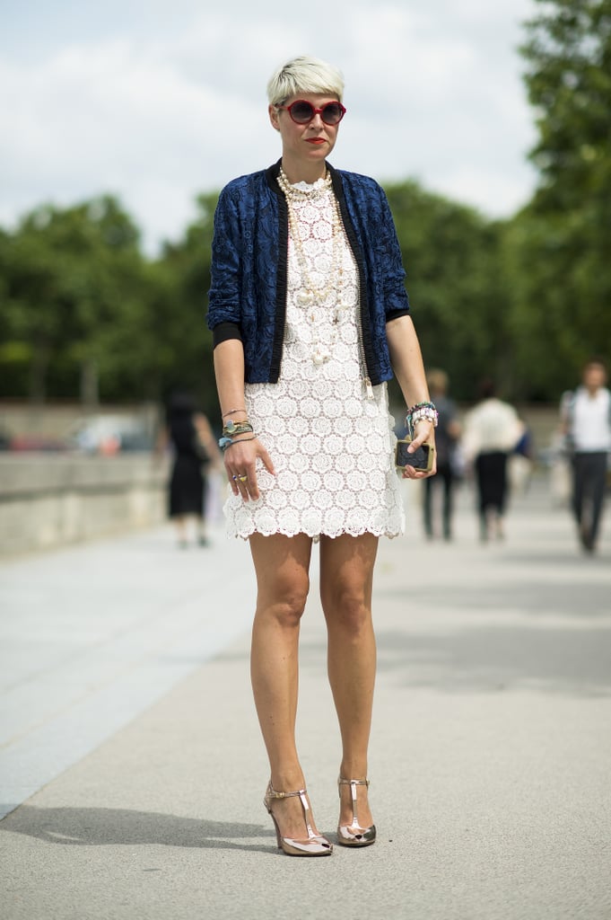 Elisa Nalin made a lacy LWD show-worthy with a deep blue jacket, metallic heels, and loads of pearls.
Source: Le 21ème | Adam Katz Sinding