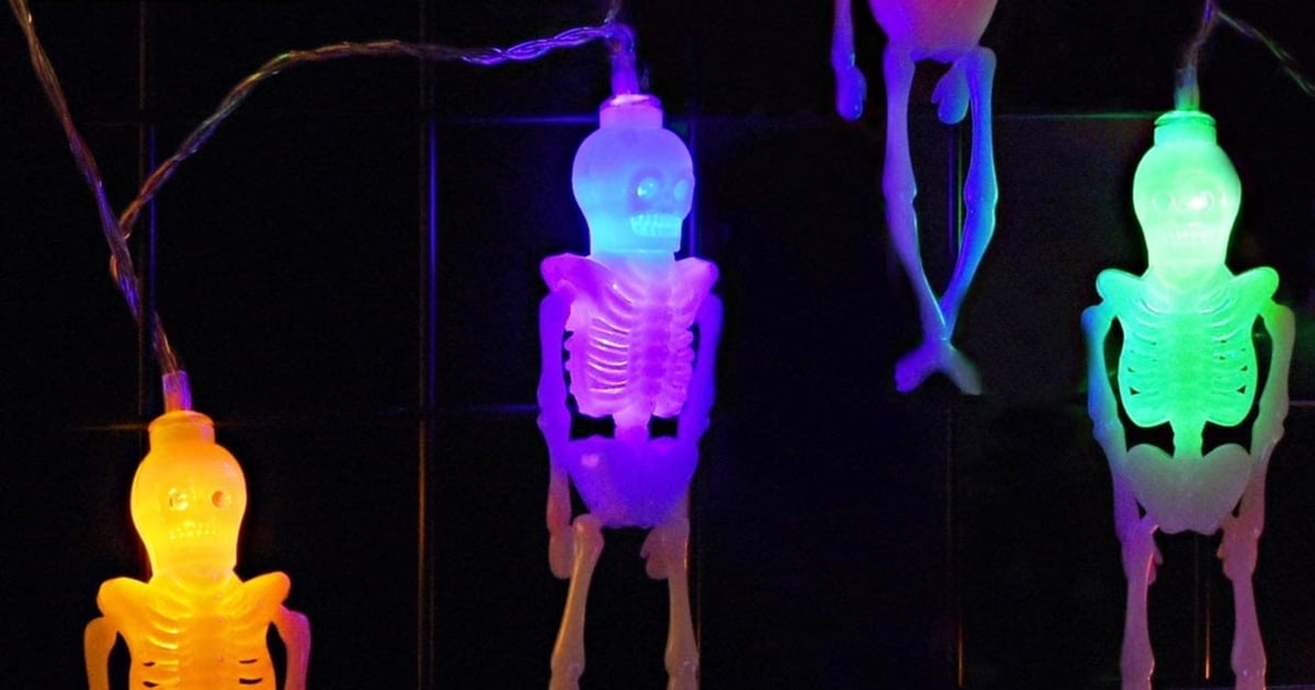Gold Mercury Glass Skull Bones String 10 Light Set Garland Halloween 6 Feet NEW 