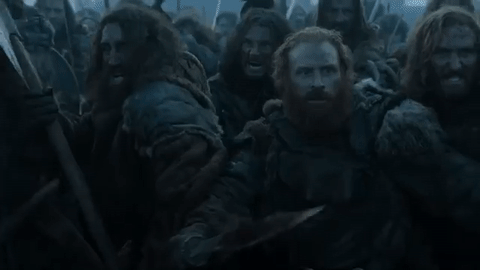 It's definitely the Boltons fighting (in addition to getting a peek at Ramsay's creepy smirk above, you can also see the House Bolton sigil — a flayed man — on their shields), and it appears they're going up against the Wildlings (oh hey, Tormund). Are there enough of them to overtake Ramsay's army? Is the mysterious letter Sansa writes in "The Broken Man" a request that Littlefinger gather his troops?