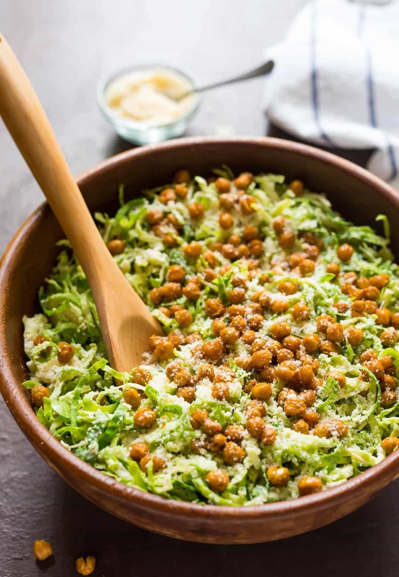 Caesar Shaved Brussels Sprouts Salad With Crispy Chickpea Croutons