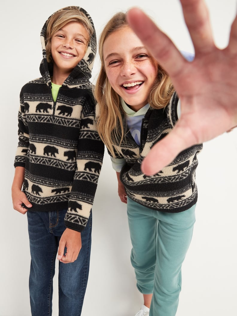 Gender-Neutral Printed Sherpa 1/2-Zip Pullover Hoodie For Kids