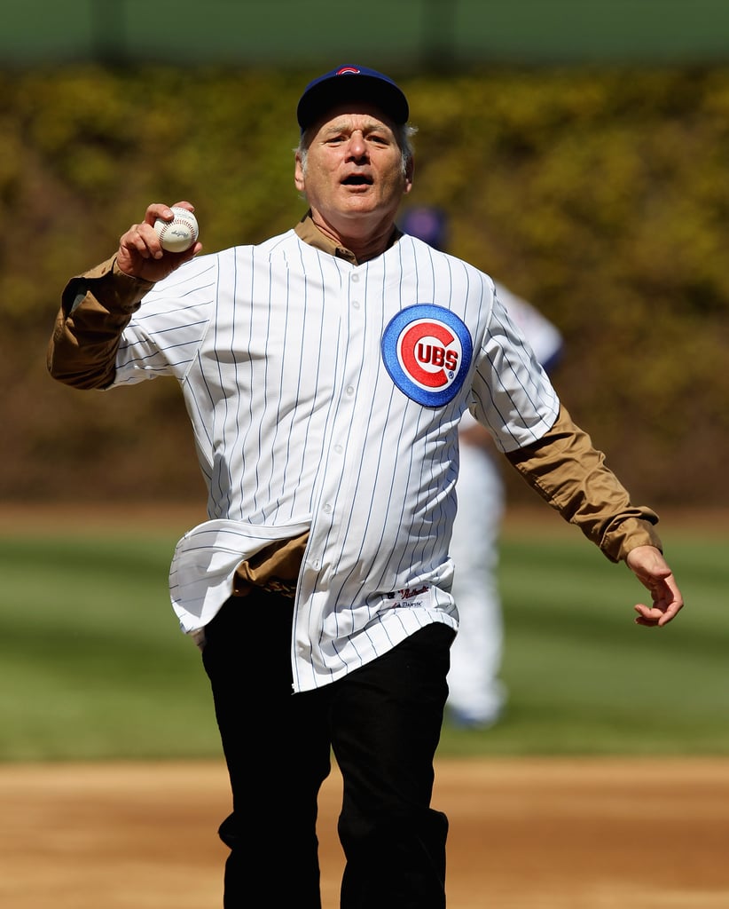 Bill Murray suited up in Chicago Cubs gear to throw out the first pitch in April 2012.