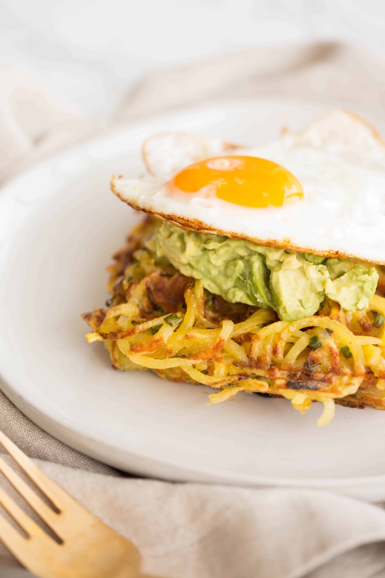 Potato Chive Waffles With Avocado Mash and Fried Egg