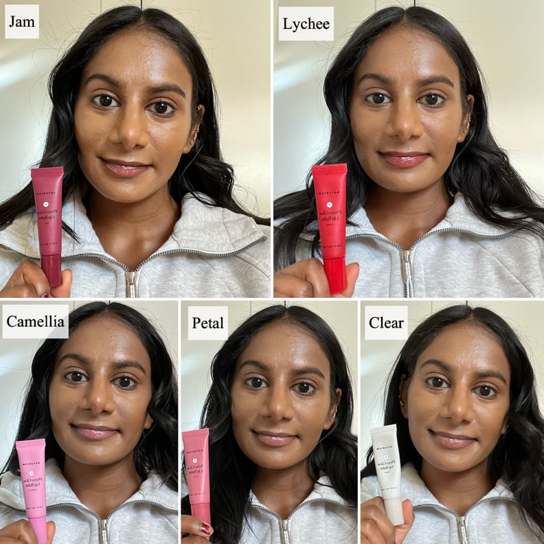 Woman trying out the Naturium Phyto-Glow Lip Balm in clear, camellia, petal, jam, lychee.