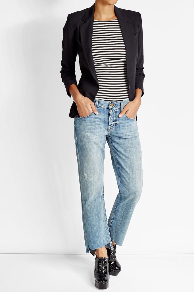 Dress up your Current/Elliott staggered jeans ($339) with a blazer.