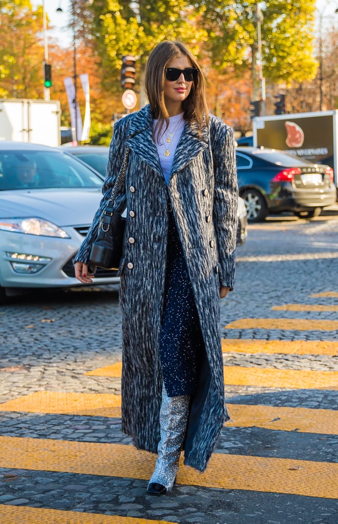 Let your sequined boots peek out from under your long, tailored coat.
