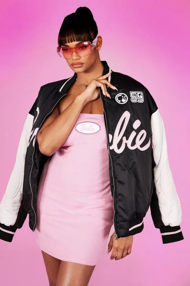 Barbie Merch Clothing: Boohoo Barbie-Printed Varsity Bomber Jacket