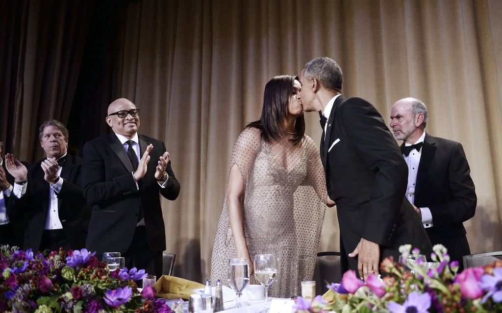 The first lady gave her husband a kiss after he spoke at the White House Correspondents' Dinner at the end of April 2016.