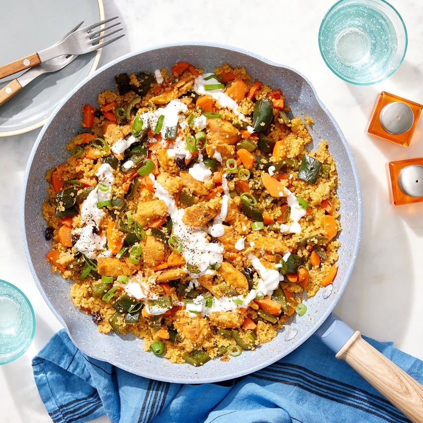 Looking For Quick 1-Pan Dinners? Make This Harissa-Honey Chicken and Couscous Skillet