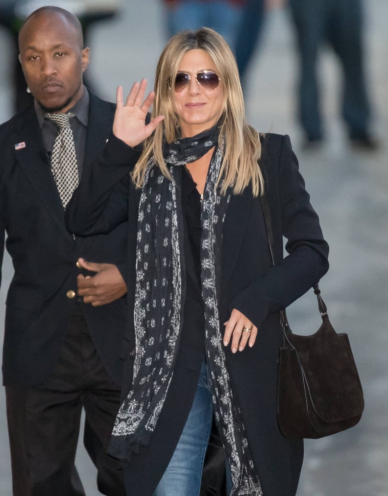 Jennifer Aniston with brown leather Chloe backpack in New York on October 1  ~ I want her style - What celebrities wore and where to buy it. Celebrity  Style