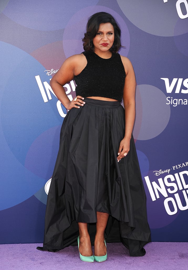 For her bottom half, Mindy rocked a full, high-low skirt.