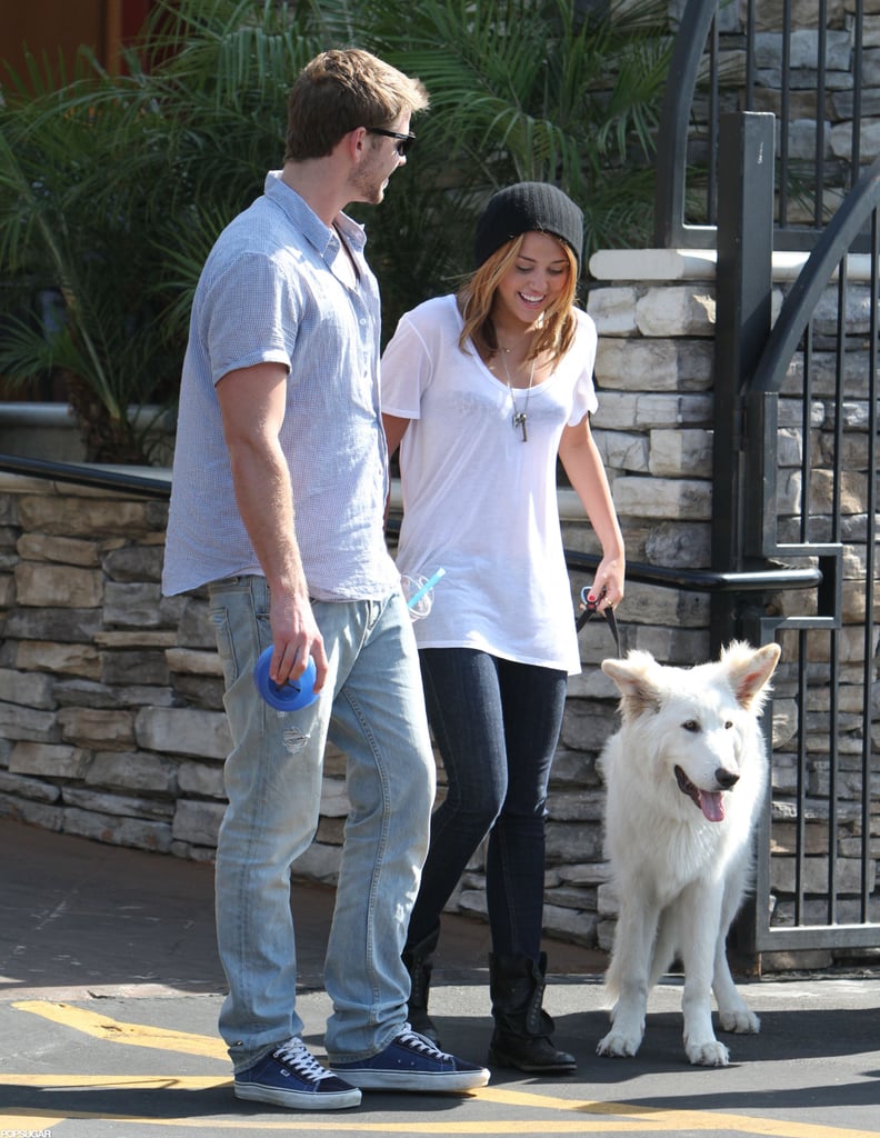 麦莉·赛勒斯和利亚姆·海默带他们的狗散步在洛杉矶2010年6月。