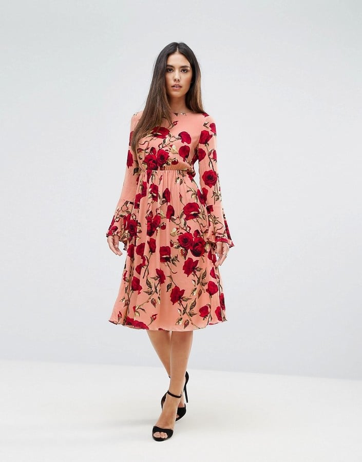 Club L Rose Floral Dress With Flute Sleeves
