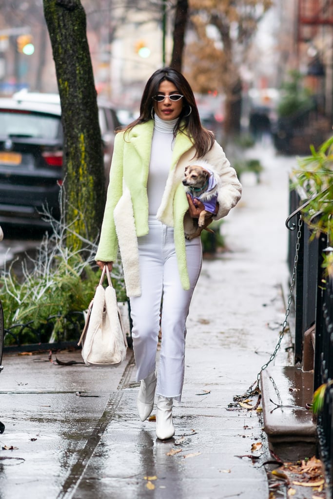 Priyanka Chopra Green Shearling Jacket in NYC December 2018