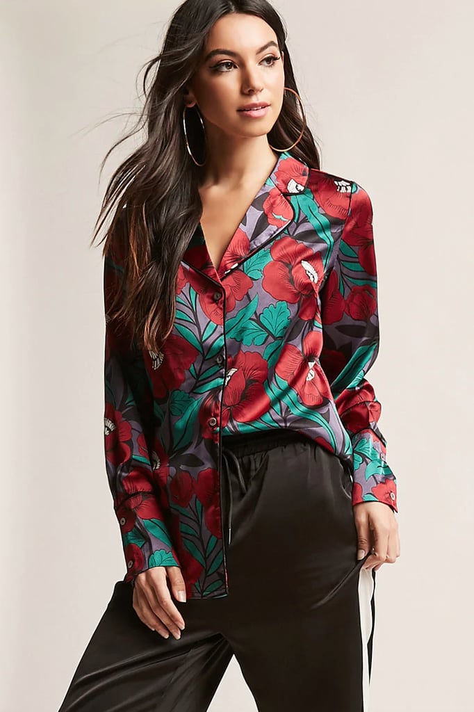 Forever 21 Floral Satin Pajama-Inspired Shirt
