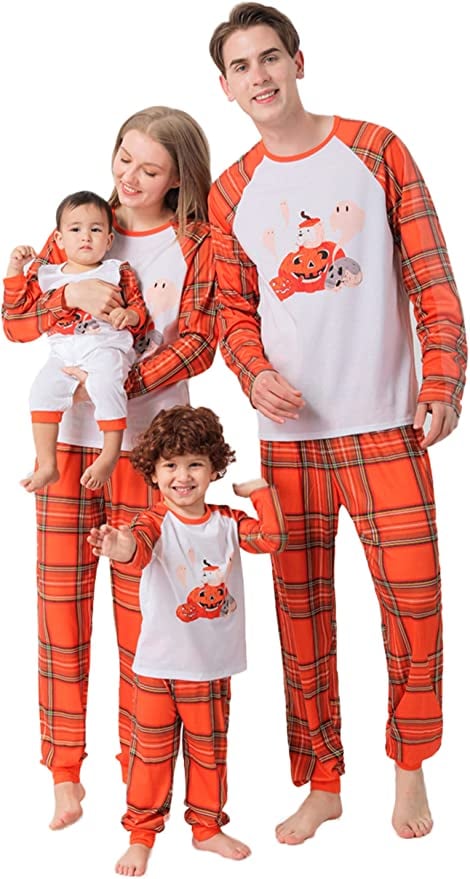 For a Cozy Fall Vibe: Halloween Pumpkin and Plaid Matching Pajamas