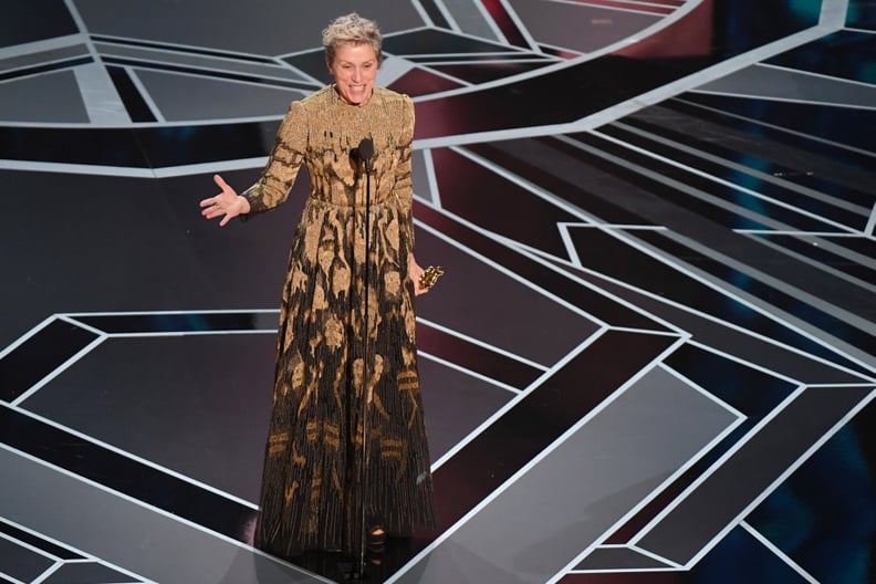 TOPSHOT - US actress Frances McDormand delivers a speech after she won the Oscar for Best Actress in 