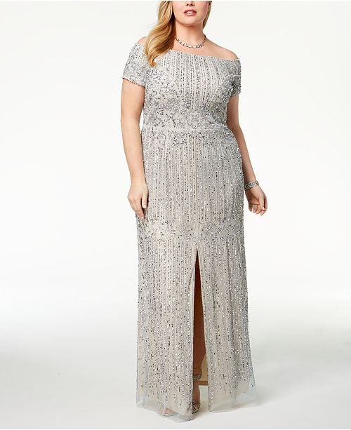 Adrianna Papell Embellished Off-The-Shoulder Gown