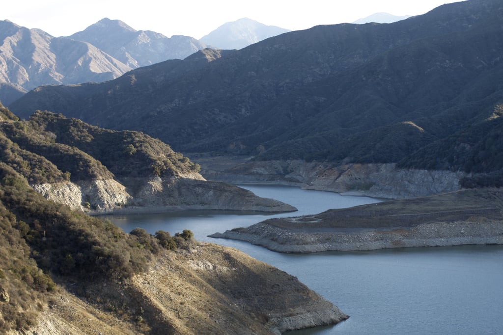 Rocky shores are exposed at the San Gabriel Reservoir near Azusa, CA.