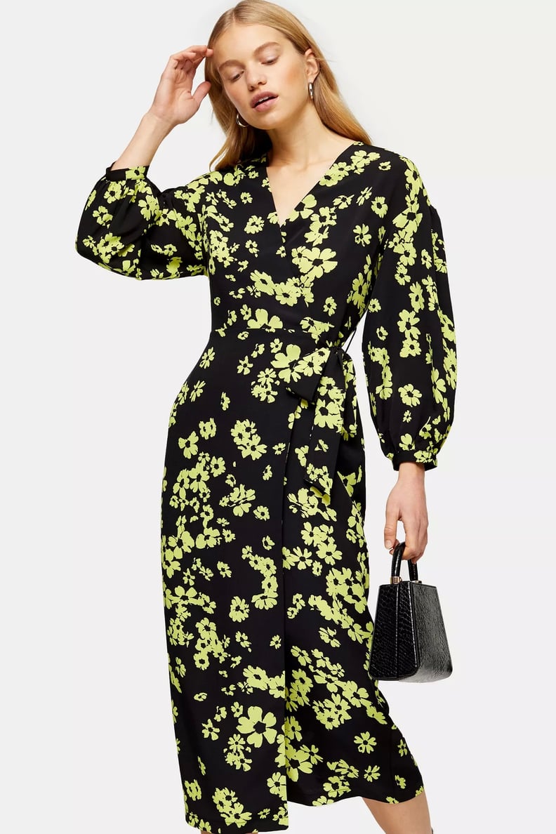 Topshop Green Daisy Print Drama Sleeve Wrap Dress