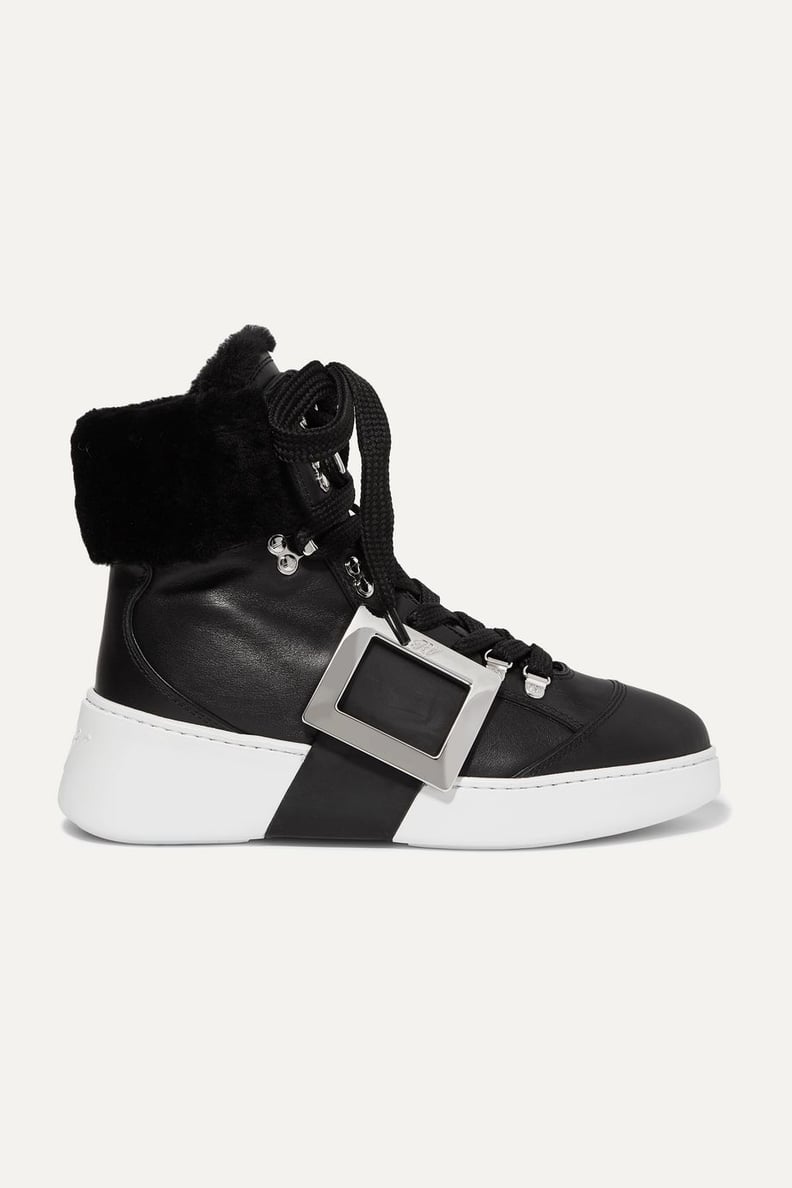 Roger Vivier Black Skate Embellished Shearling-Trimmed Leather Sneakers