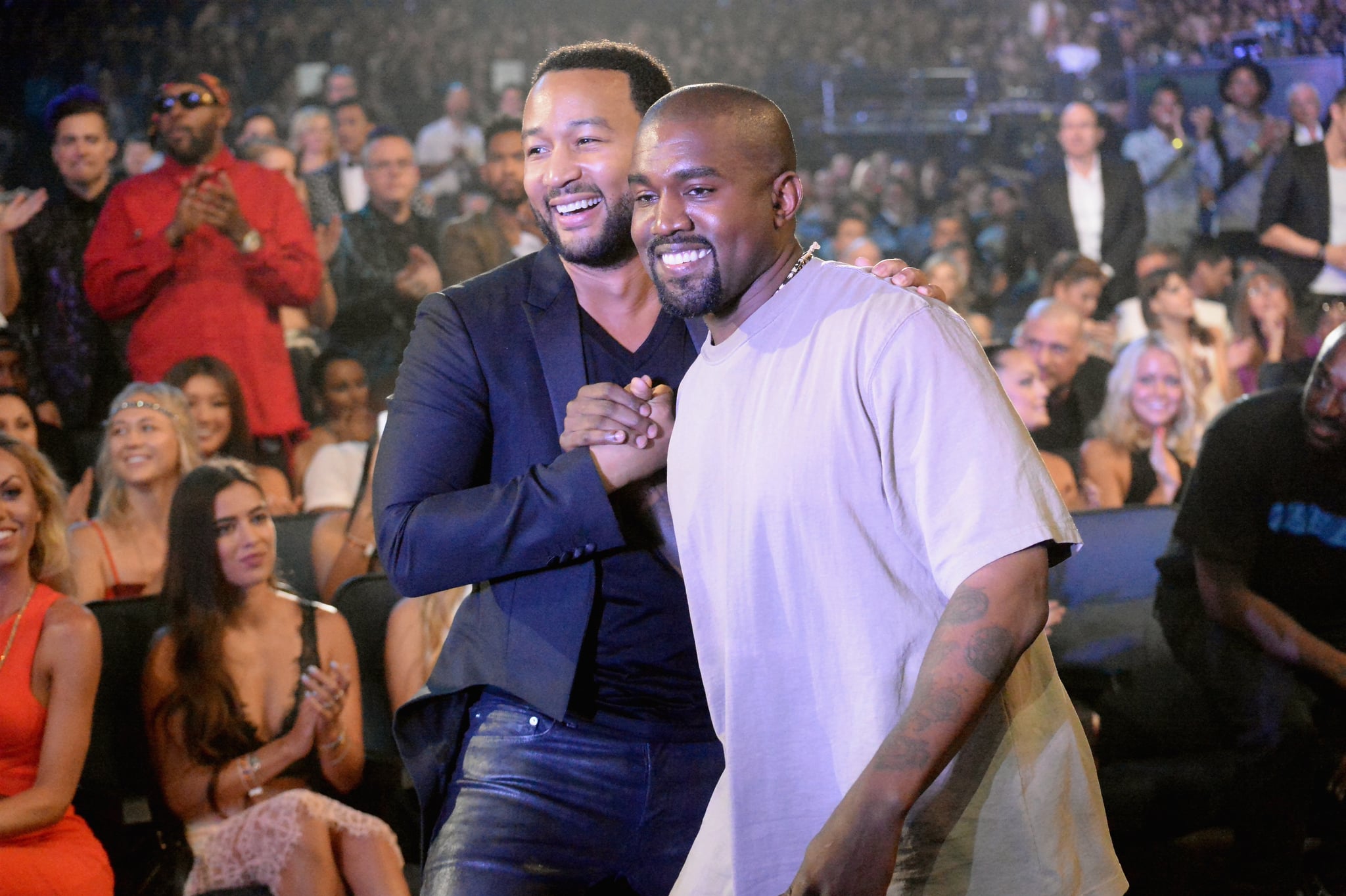 LOS ANGELES, CA - AUGUST 30:  Recording artists John Legend (L) and Kanye West attend the 2015 MTV Video Music Awards at Microsoft Theatre on August 30, 2015 in Los Angeles, California.  (Photo by Jeff Kravitz/MTV1415/FilmMagic)