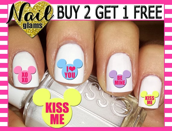 60 Nail Decals - Mickey & Minnie Ears Head - CONVERSATION HEARTS