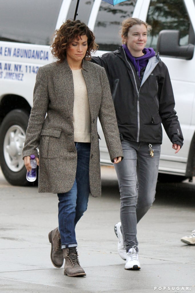 Jennifer Lopez's Gray Coat on Set of Shades of Blue