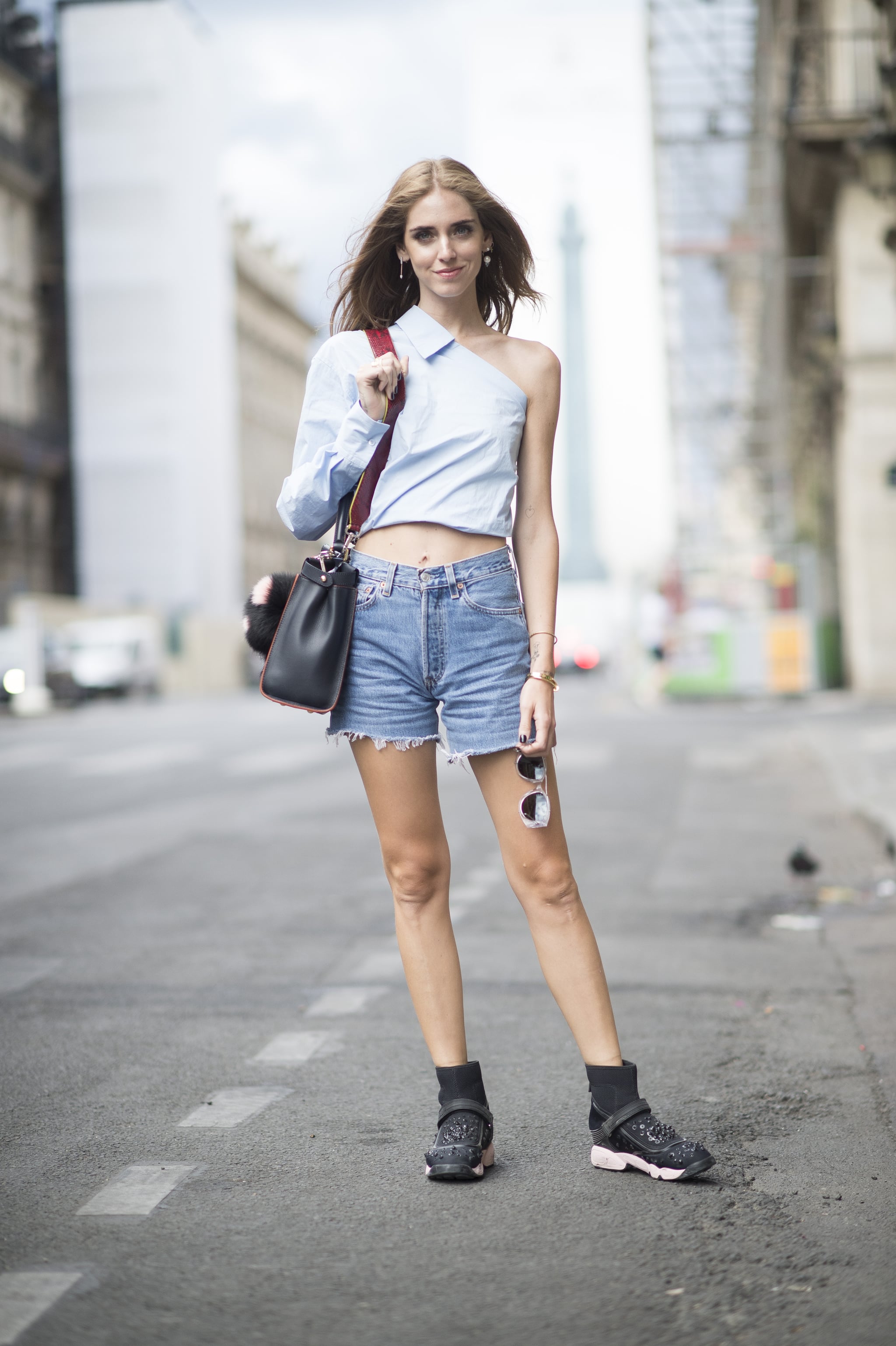 Style a One-Shouldered Top With High-Waisted Shorts