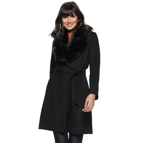 Nine West Faux-Fur Shawl Collar Belted Wool-Blend Coat