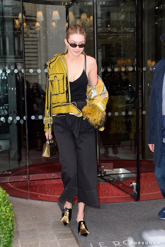 Gigi Hadid Wearing Gold Tassel Mules
