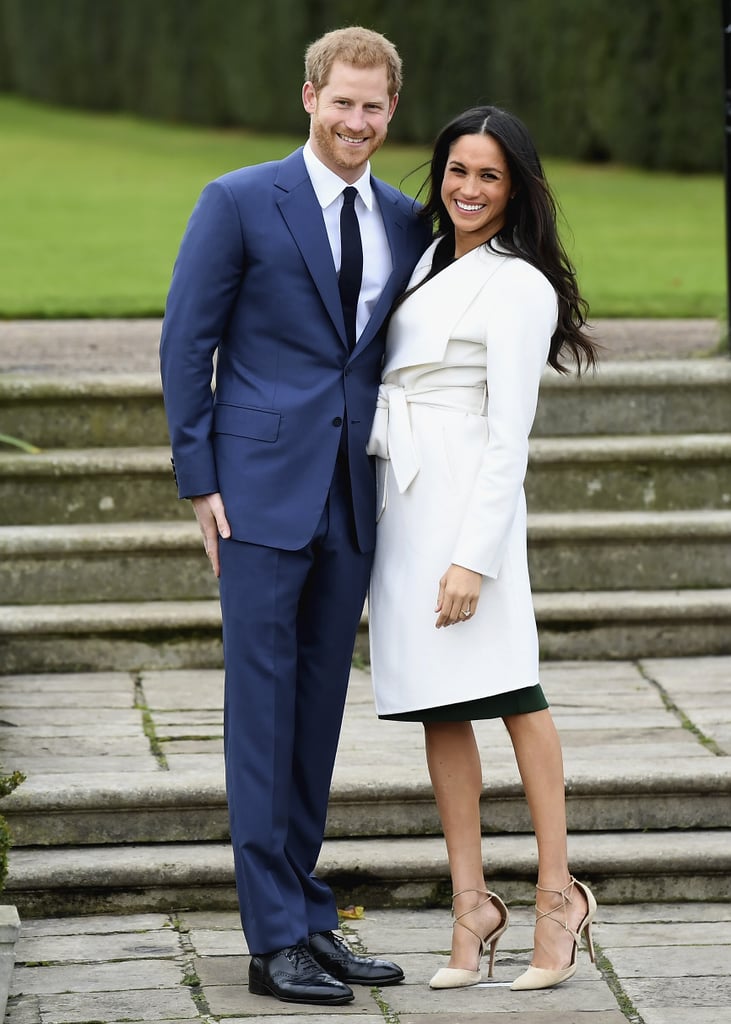 In November 2017, Meghan wore a sleek, white trench coat from Canadian label Line and a green Parosh dress to announce her engagement to Prince Harry.