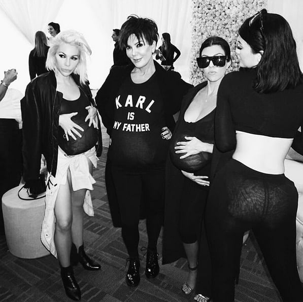 Kourtney shared a photo of makeup artist Joyce Bonelli, Kris, and Kylie, working the "pregnant Kim" look with her. "I wasn't expecting to look this way again quite yet, but Happy Pregnant Birthday @kimkardashian !!" she wrote.