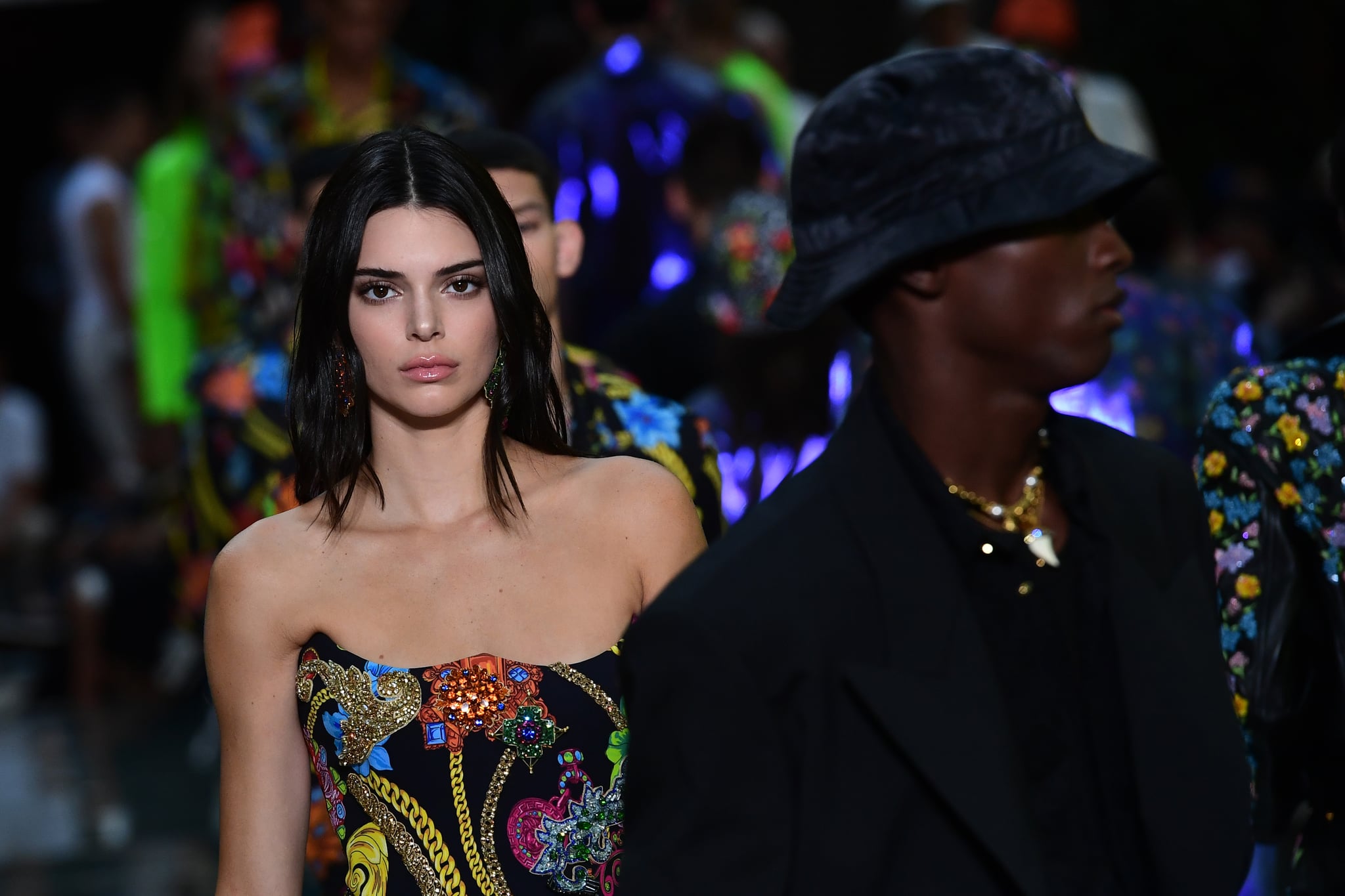 US model Kendall Jenner presents a creation by Versace during the men & women's spring/summer 2019 collection fashion show in Milan, on June 16, 2018. (Photo by MIGUEL MEDINA / AFP)        (Photo credit should read MIGUEL MEDINA/AFP/Getty Images)