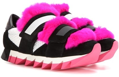 The platform on Dolce & Gabbana's Fur-Embellished Suede and Mesh Sneakers ($995) comes with a sliced cut, and the hot pink hair gets Velcroed in.