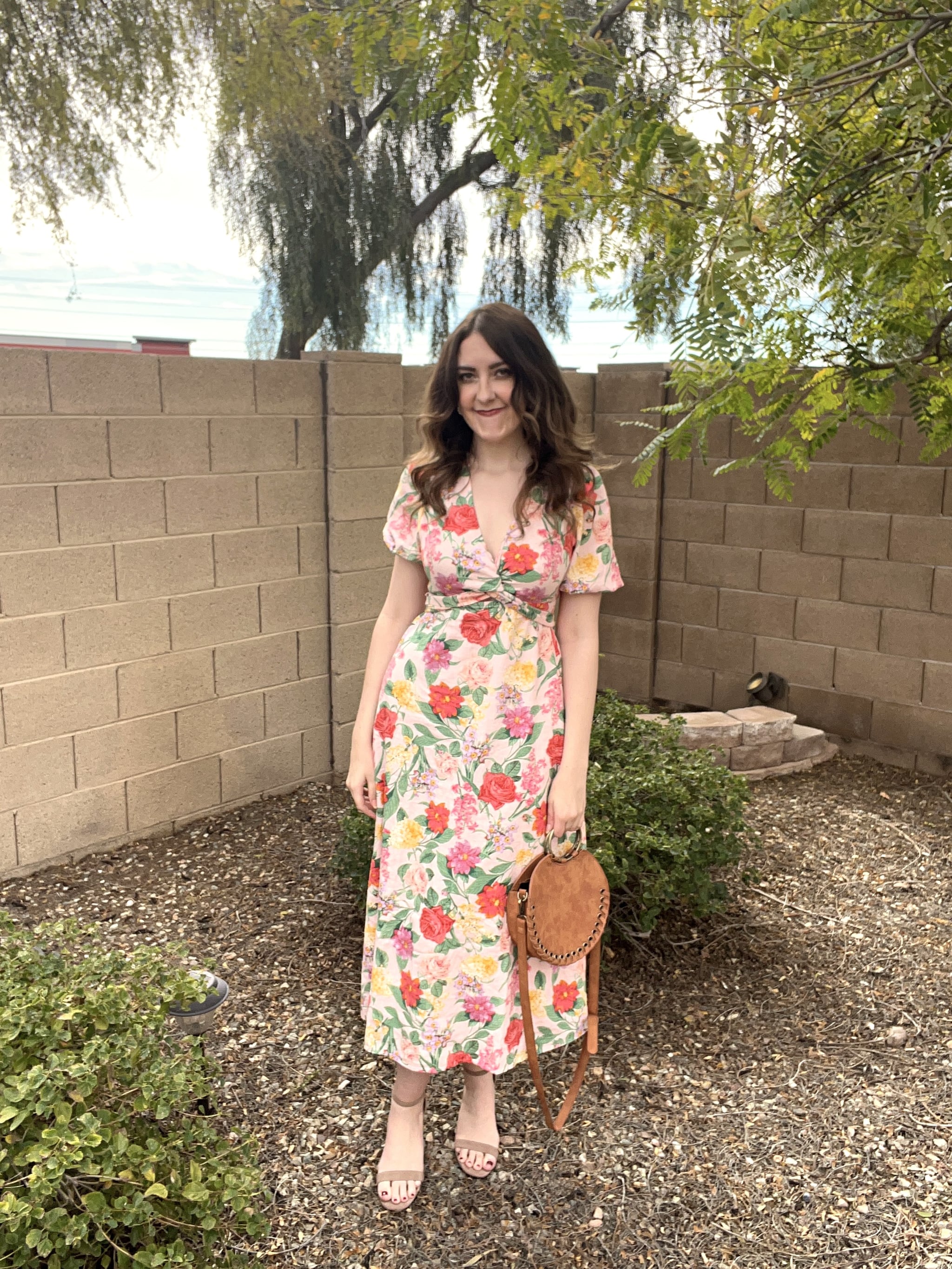 woman wearing Old Navy floral linen midi dress