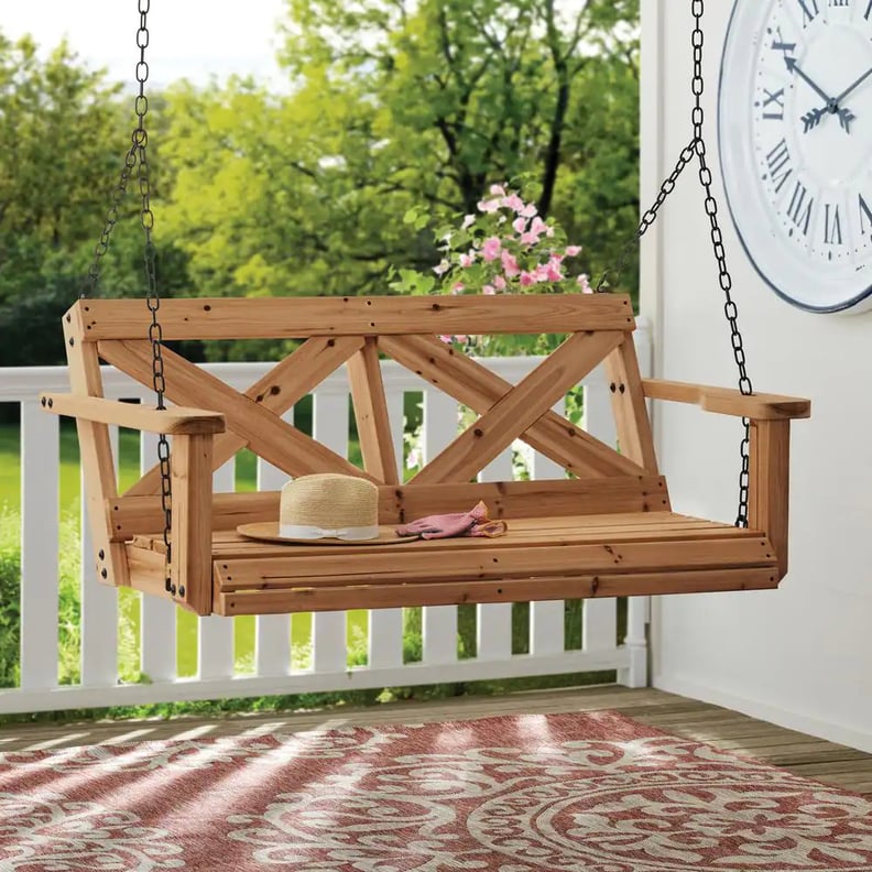 A Farmhouse-Style Porch Swing: Backyard Discovery Farmhouse 2-Person All Cedar Wood Porch Swing