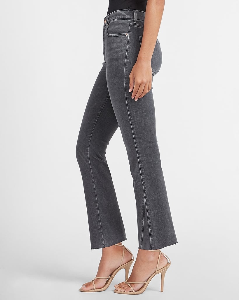 Express High Waisted Black Raw Hem Cropped Flare Jeans