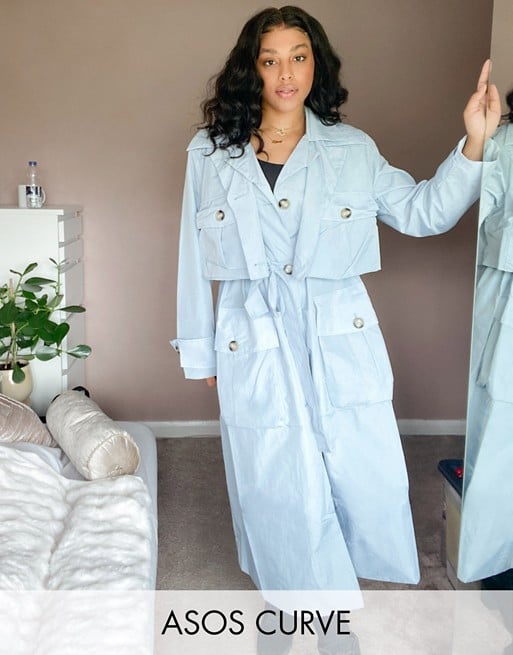 ASOS Curve Layered Utility Taffeta Trench Coat in Baby Blue